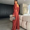 Two Piece Set Solid Long Sleeve Elegant And Vintage Short Top Wide Leg Pants Suit - Image 6