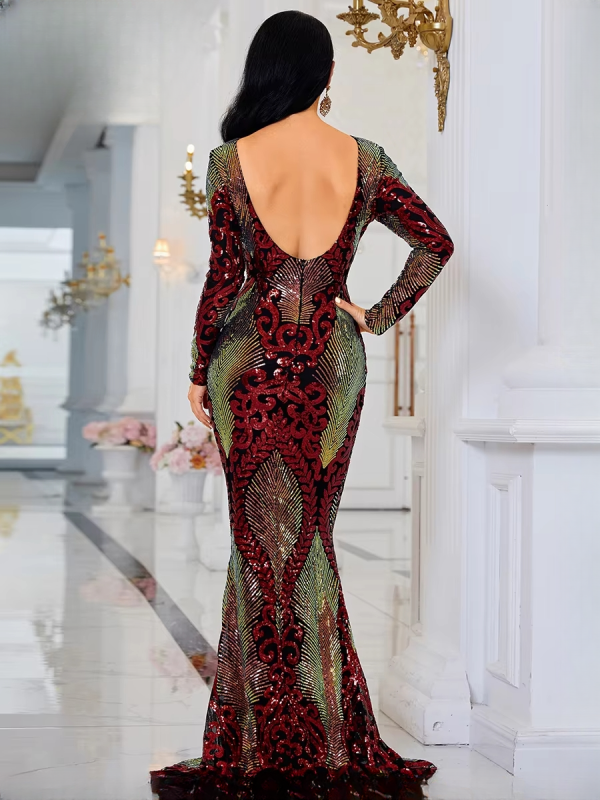 Sequins O Neck Backless Prom Long Sleeve Bodycon Elegant Party Maxi Dresses - Image 4