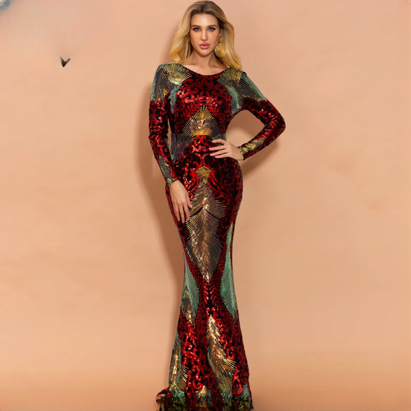 Sequins O Neck Backless Prom Long Sleeve Bodycon Elegant Party Maxi Dresses - Image 6