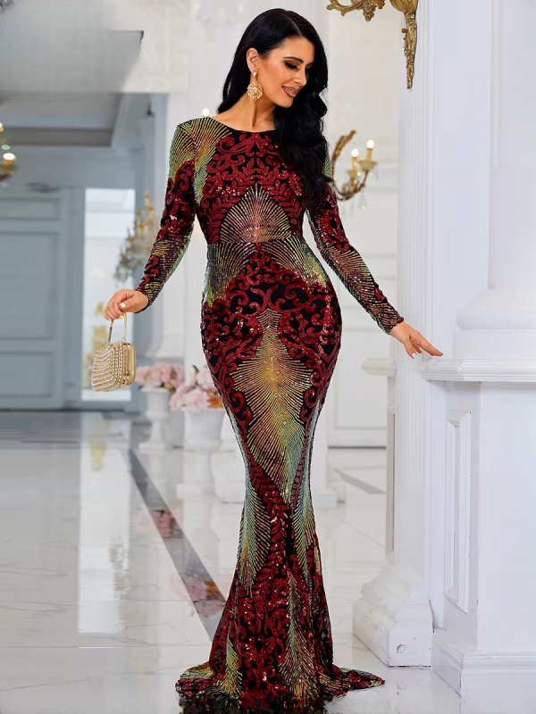 Sequins O Neck Backless Prom Long Sleeve Bodycon Elegant Party Maxi Dresses - Image 3