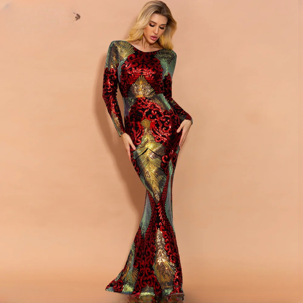 Sequins O Neck Backless Prom Long Sleeve Bodycon Elegant Party Maxi Dresses - Image 5