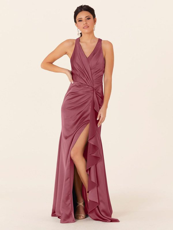 Satin Fabric Sheath Floor-Length Formal Bridesmaid Dresses