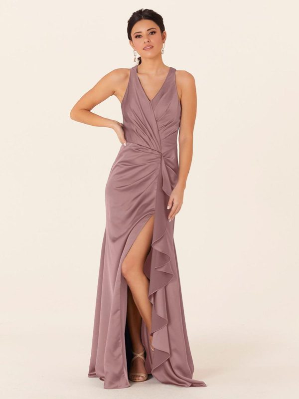 Satin Fabric Sheath Floor-Length Formal Bridesmaid Dresses - Image 2