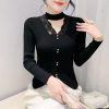 Casual Patched Lace Halter Sweater Full Sleeve Knit Slim Split Top - Image 5