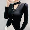 Casual Patched Lace Halter Sweater Full Sleeve Knit Slim Split Top - Image 6