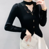 Casual Patched Lace Halter Sweater Full Sleeve Knit Slim Split Top - Image 7