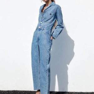 Casual Pleated Neck Front Button Straight Solid Color Jumpsuit