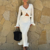 Elegant Knitted Flare Sleeve V Neck Hollow Out Tops Elastic Cardigan Skirts Sets