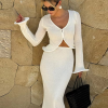 Elegant Knitted Flare Sleeve V Neck Hollow Out Tops Elastic Cardigan Skirts Sets - Image 2
