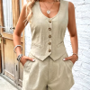 Elegant V Neck Sleeveless Single Breasted Vest Top Shorts Suit Office Lady  2 Pieces Tracksuit - Image 6