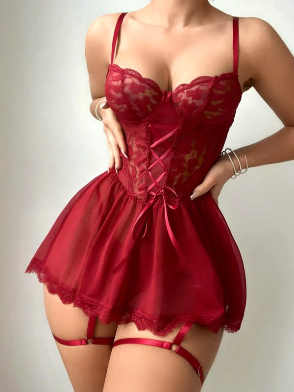 Embroidery Lace V-Neck sleeveless See Through Babydoll Sleepwear - Image 2