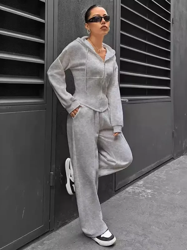 Hodded Neck Casual Solid Color Elegant And Vintage Pant Set