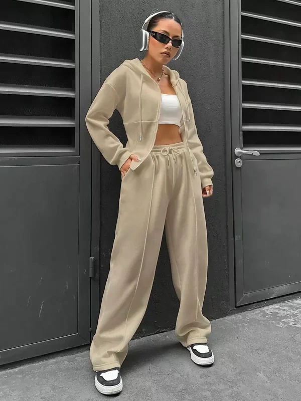 Hodded Neck Casual Solid Color Elegant And Vintage Pant Set - Image 5
