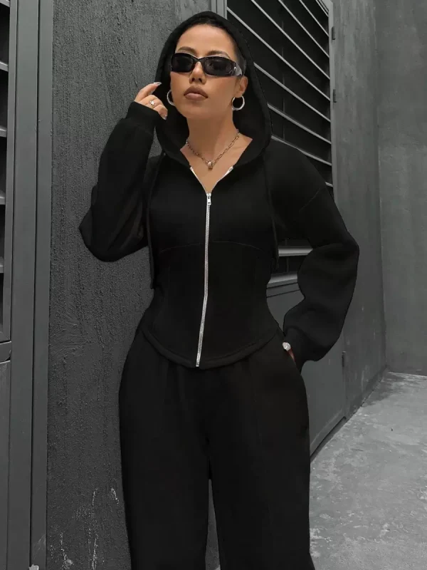 Hodded Neck Casual Solid Color Elegant And Vintage Pant Set - Image 4