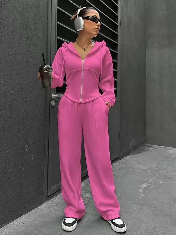 Hodded Neck Casual Solid Color Elegant And Vintage Pant Set - Image 10