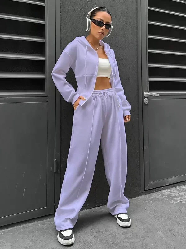 Hodded Neck Casual Solid Color Elegant And Vintage Pant Set - Image 6