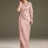 Jewel Neck Short Sleeves Sheath Pleated Wedding Guest Mother Dresses - Image 6