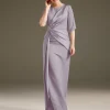 Jewel Neck Short Sleeves Sheath Pleated Wedding Guest Mother Dresses - Image 7
