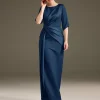 Jewel Neck Short Sleeves Sheath Pleated Wedding Guest Mother Dresses - Image 4