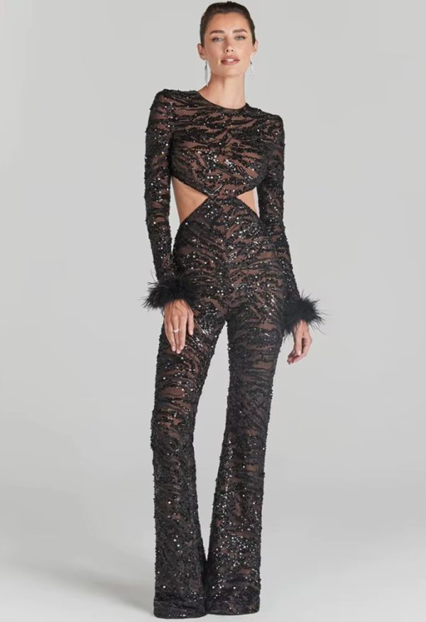 Sequins Designer Cut Out Feather Mesh High Street Christmas Bodycon Rompers Jumpsuit - Image 2