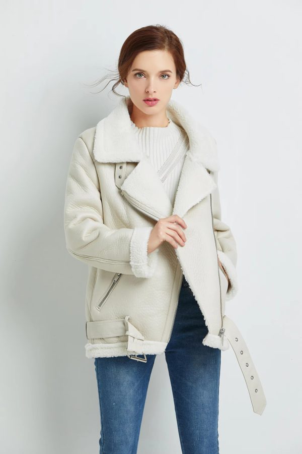 Casual Faux Lamb Leather Lapel Thick Warm Jacket with Belt - Image 3