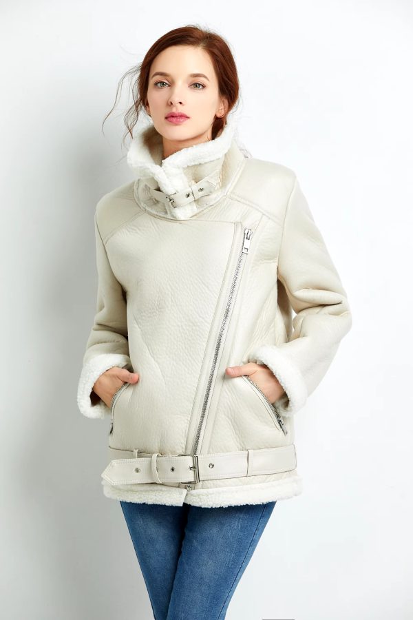 Casual Faux Lamb Leather Lapel Thick Warm Jacket with Belt - Image 4