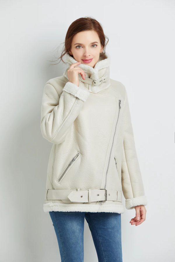 Casual Faux Lamb Leather Lapel Thick Warm Jacket with Belt - Image 5