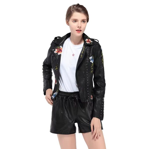 Casual Floral Embroidery Rivet High Street Faux PU Leather Jacket - Image 2