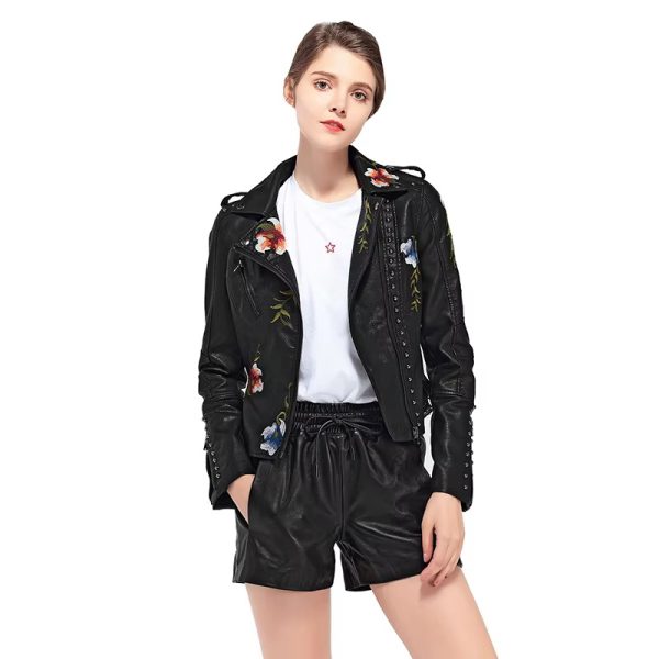 Casual Floral Embroidery Rivet High Street Faux PU Leather Jacket - Image 3