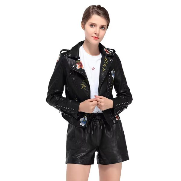 Casual Floral Embroidery Rivet High Street Faux PU Leather Jacket - Image 4