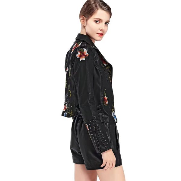 Casual Floral Embroidery Rivet High Street Faux PU Leather Jacket - Image 5