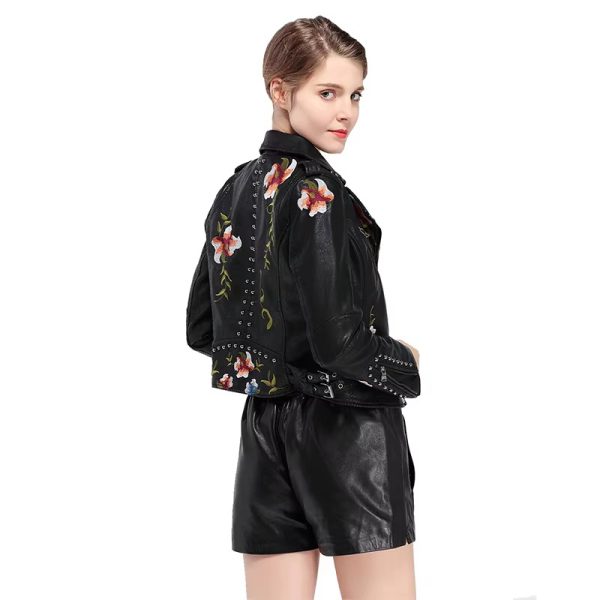 Casual Floral Embroidery Rivet High Street Faux PU Leather Jacket - Image 6