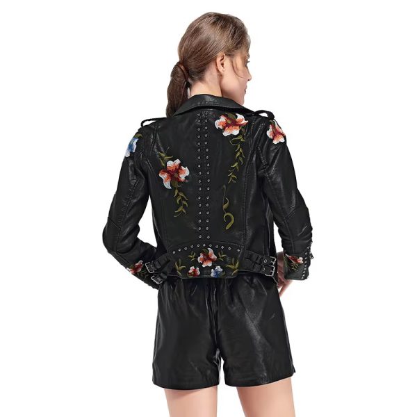 Casual Floral Embroidery Rivet High Street Faux PU Leather Jacket - Image 7