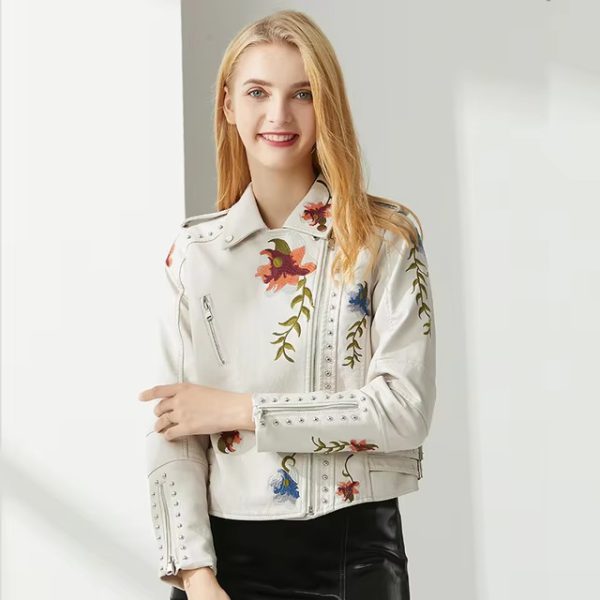 Casual Floral Embroidery Rivet High Street Faux PU Leather Jacket - Image 8