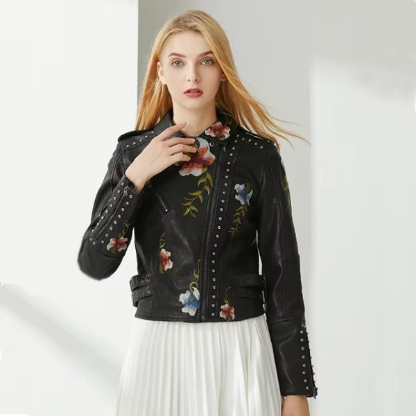 Casual Floral Embroidery Rivet High Street Faux PU Leather Jacket