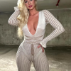 Casual Knit Stripe V-Neck Slim Fit Ankle-Length High Street Sweater Jumpsuits - Image 4