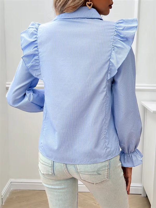 Casual Lapel Ruffled Button Solid Puff Sleeve Shirt - Image 6