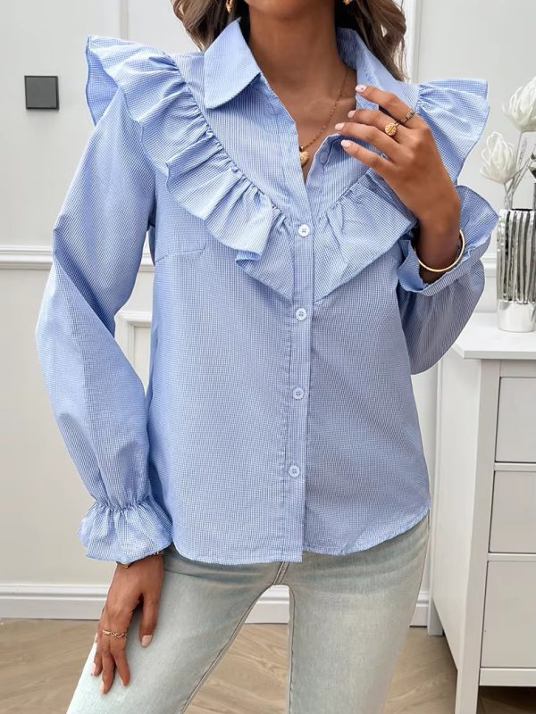 Casual Lapel Ruffled Button Solid Puff Sleeve Shirt - Image 2