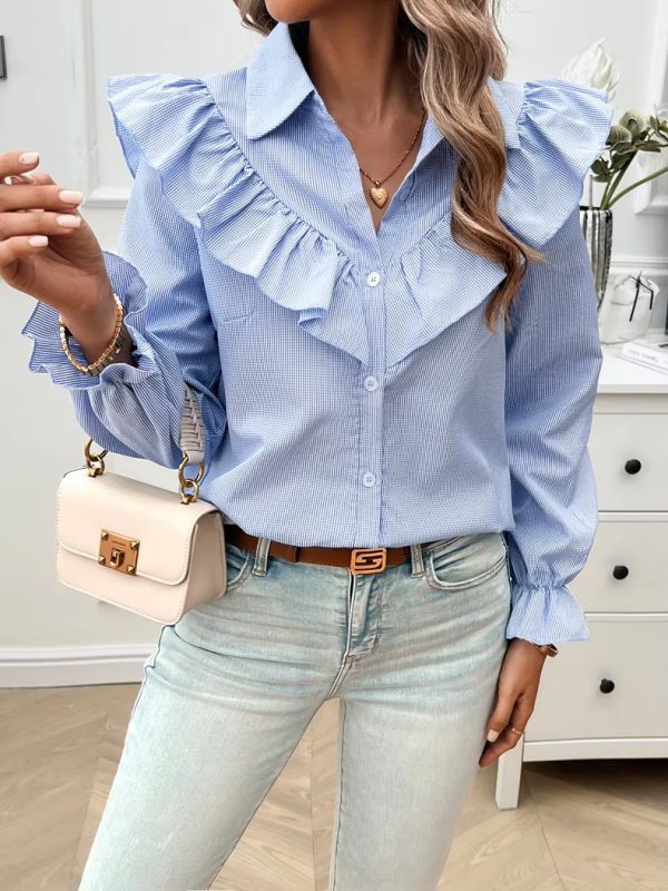 Casual Lapel Ruffled Button Solid Puff Sleeve Shirt - Image 3