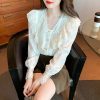Casual Long Sleeve Ruffles V-Neck Lace Blouse Shirt - Image 3