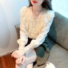 Casual Long Sleeve Ruffles V-Neck Lace Blouse Shirt - Image 2