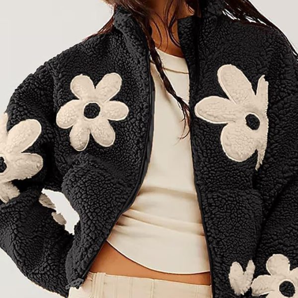 Casual Long Sleeve Zipper Floral Print Sherpa Fleece Jackets - Image 5