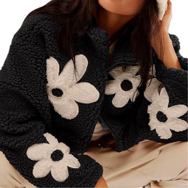 Casual Long Sleeve Zipper Floral Print Sherpa Fleece Jackets - Image 6