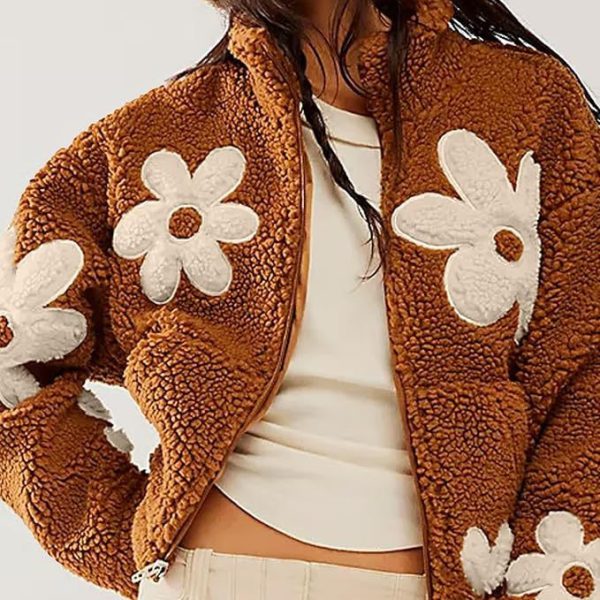 Casual Long Sleeve Zipper Floral Print Sherpa Fleece Jackets