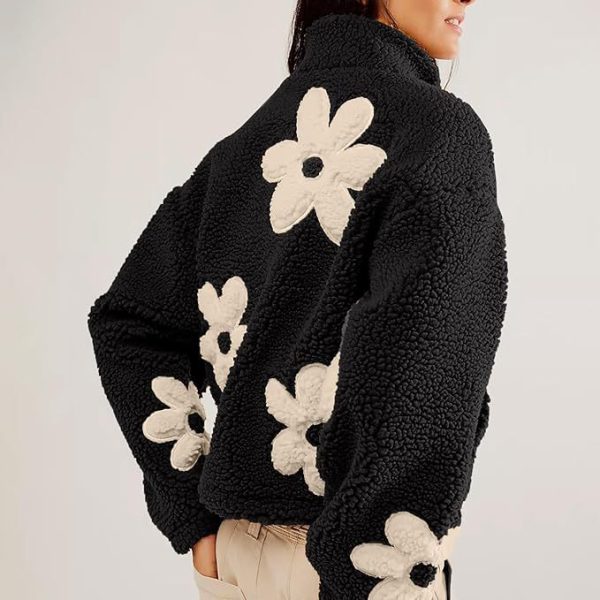 Casual Long Sleeve Zipper Floral Print Sherpa Fleece Jackets - Image 8