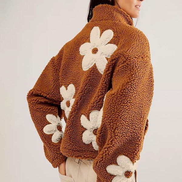 Casual Long Sleeve Zipper Floral Print Sherpa Fleece Jackets - Image 4