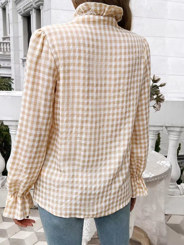 Casual Long-sleeve Single Breasted Ruffled Plaid Button Shirts - Image 13