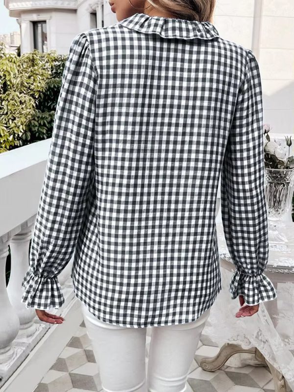 Casual Long-sleeve Single Breasted Ruffled Plaid Button Shirts - Image 3