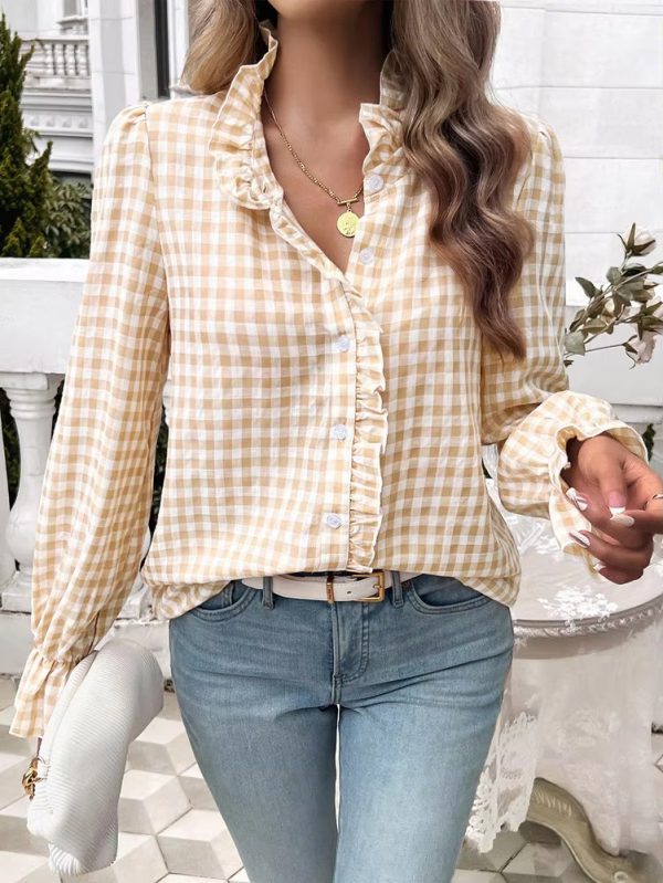 Casual Long-sleeve Single Breasted Ruffled Plaid Button Shirts - Image 10