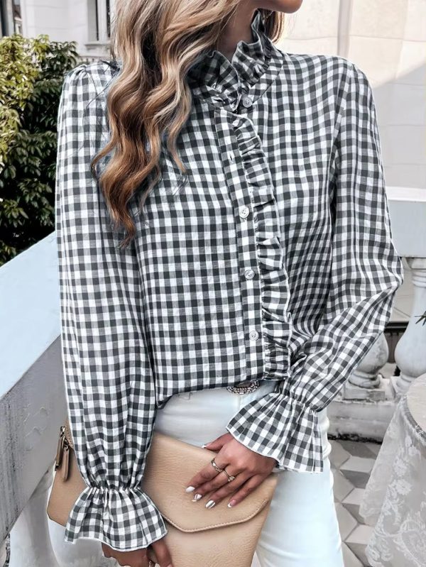 Casual Long-sleeve Single Breasted Ruffled Plaid Button Shirts - Image 2